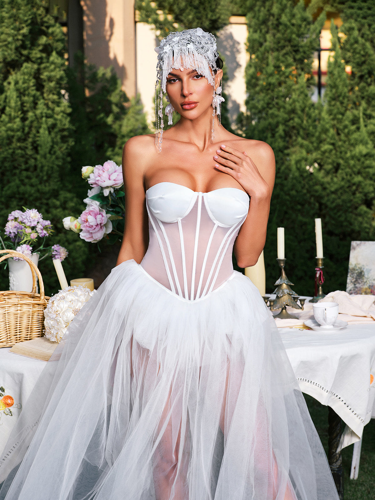 Strapless Corset Mesh Maxi Dress