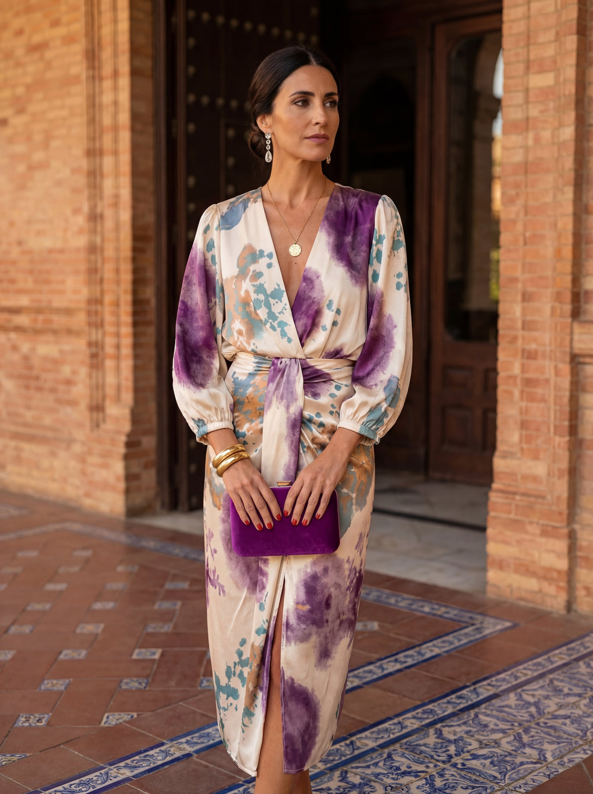 Violet Silk Surplice V-Neck Satin Watercolor Print Long Sleeve Wrap Slit Midi Dress 2