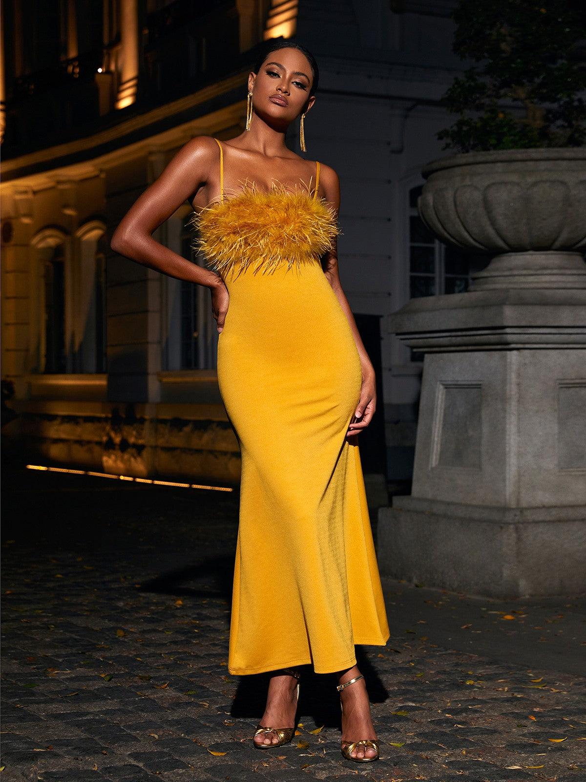 Spaghetti Strap Feather Trim Bodycon Mermaid Maxi Dress