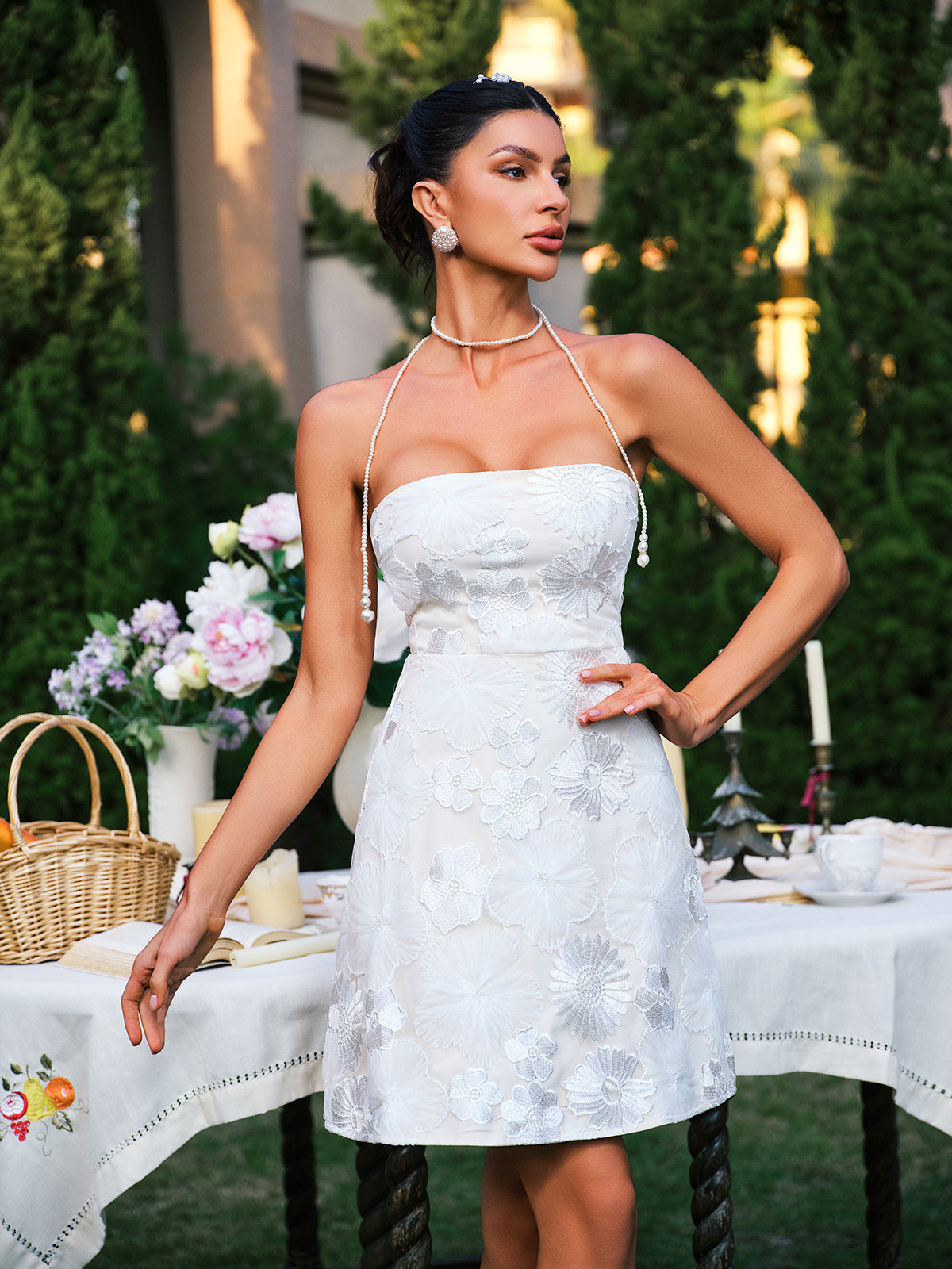 Strapless Floral Embroidered Mini Dress