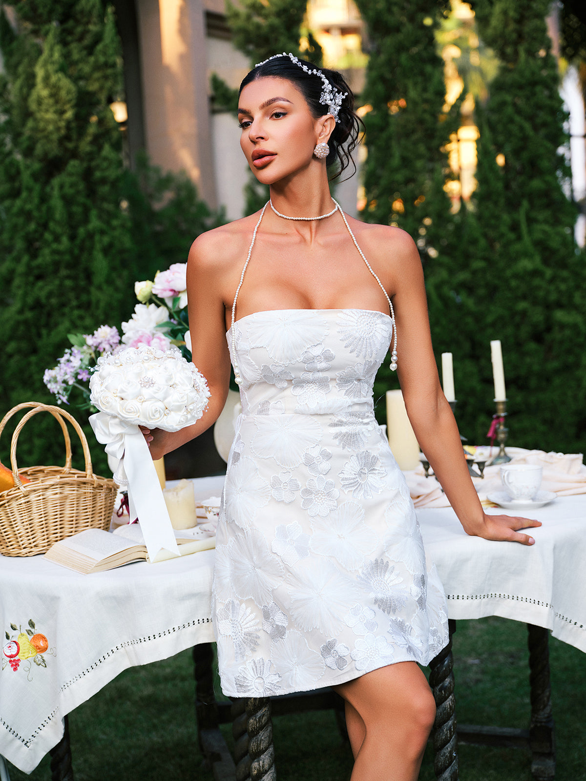 Strapless Floral Embroidered Mini Dress