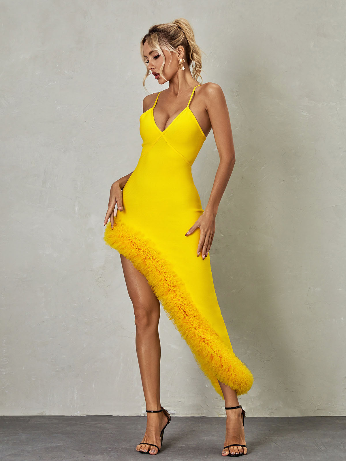 Spaghetti Strap V-Neck Ruffle Hem Asymmetric Bandage Midi Dress