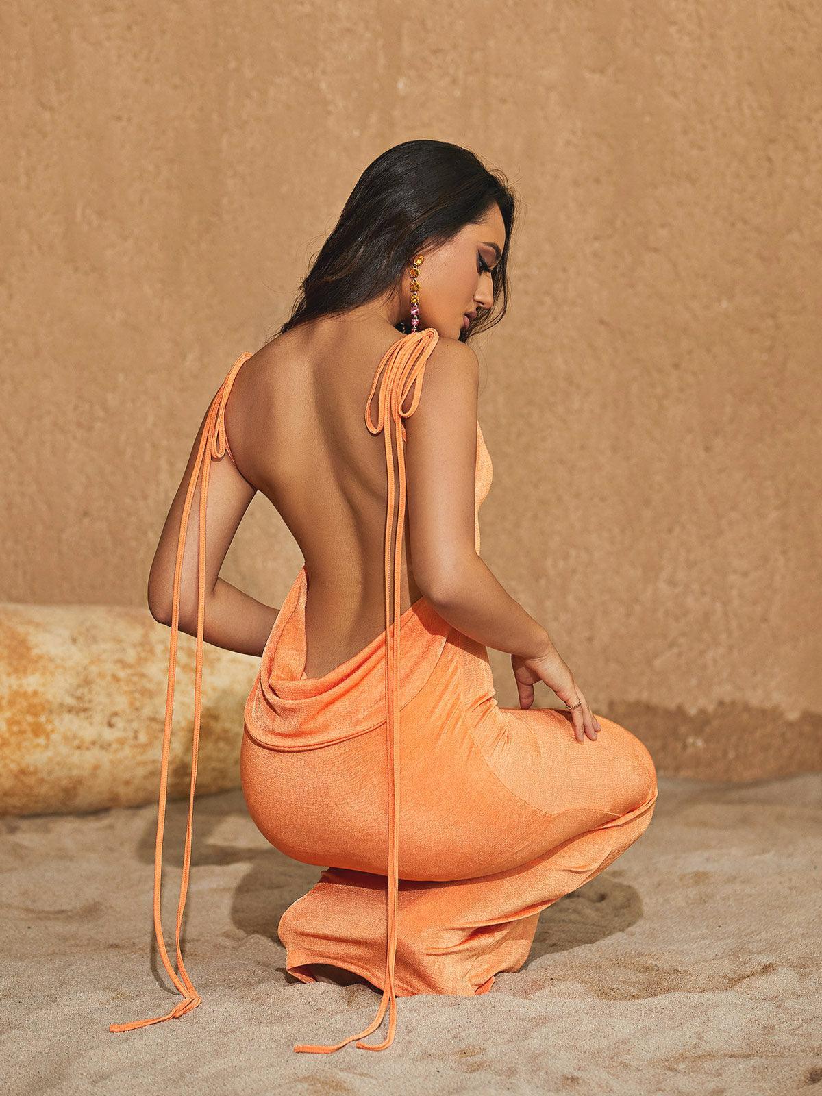 Tie Strap Backless Draped Cowl Bodycon Maxi Dress