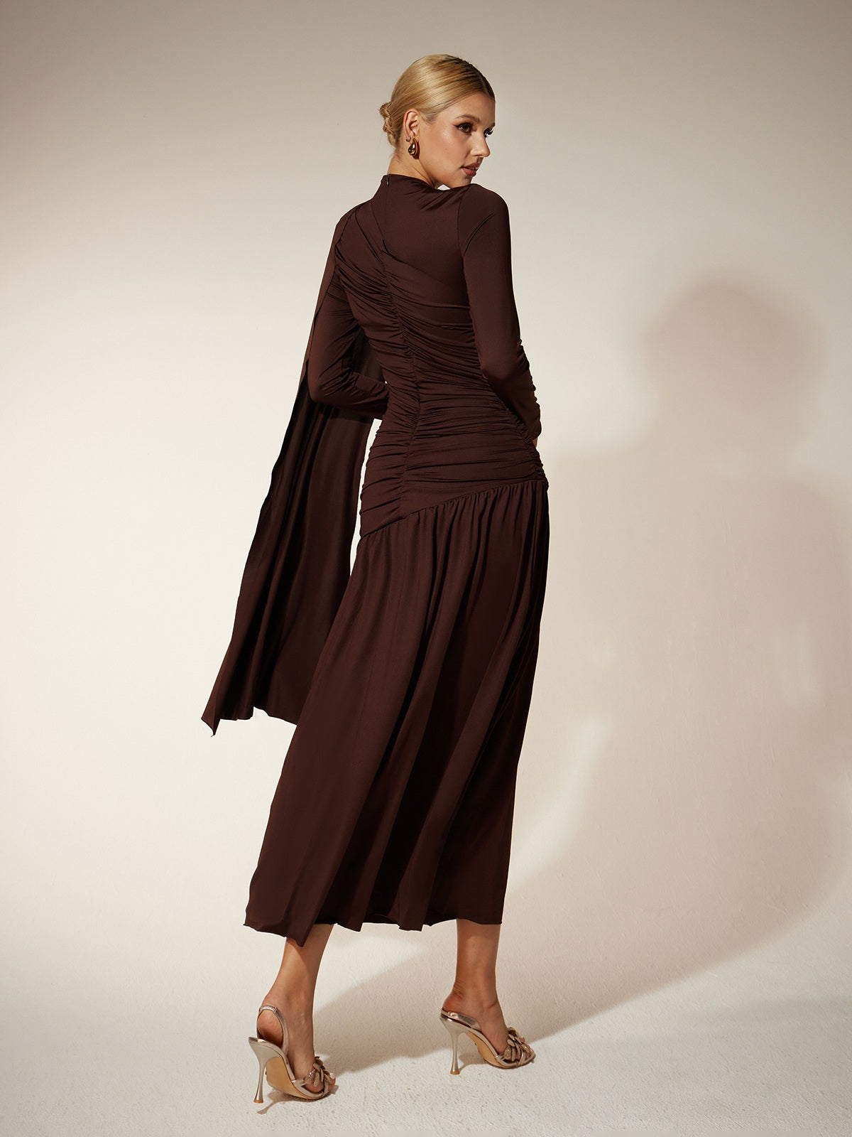 Long Sleeve Ruched Draped Midi Dress