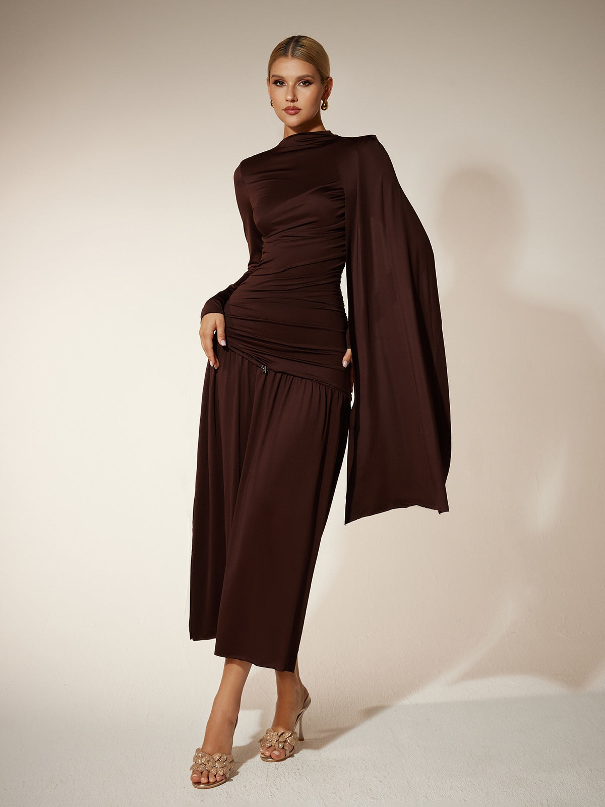 Long Sleeve Ruched Draped Midi Dress