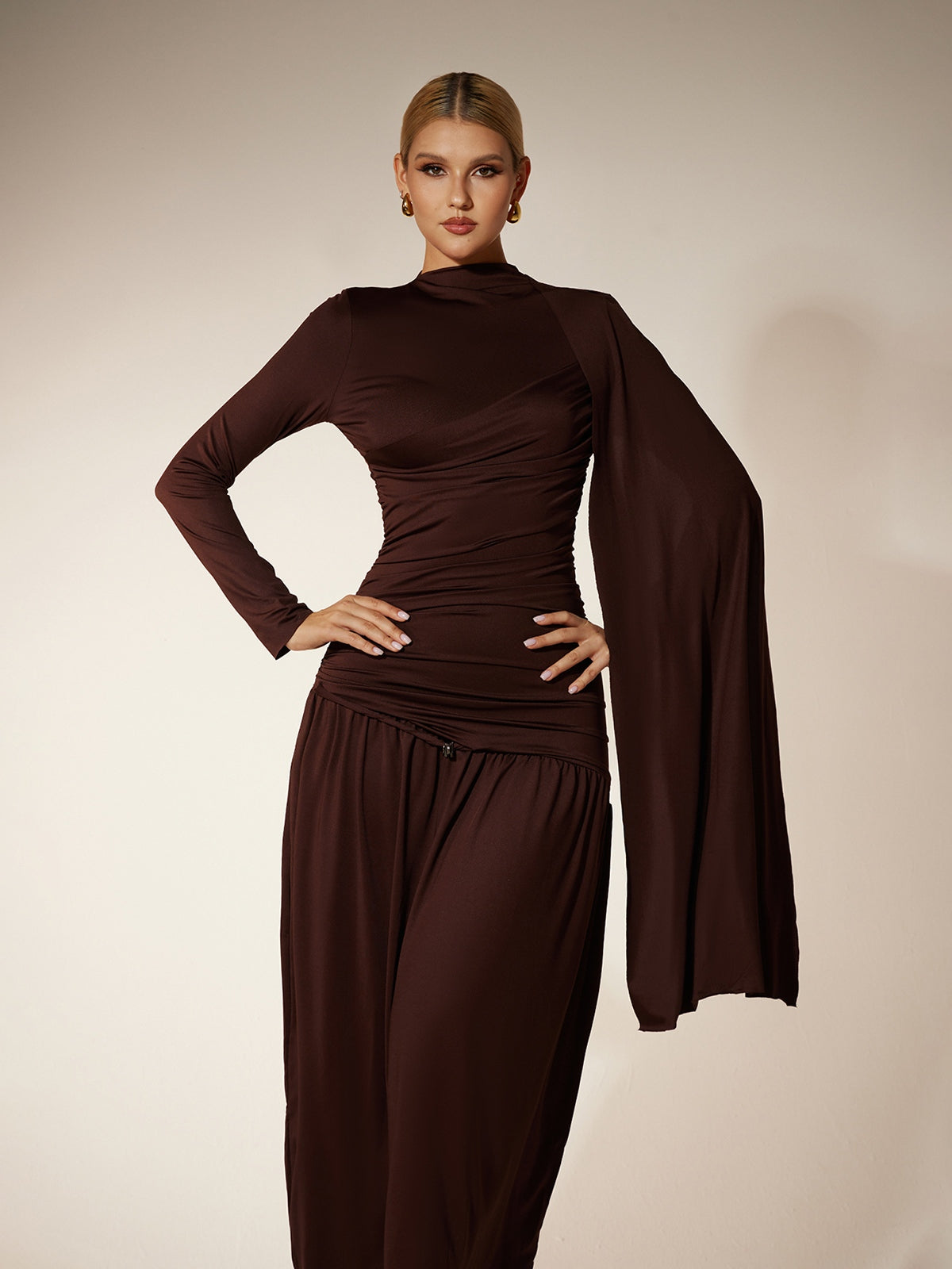 Long Sleeve Ruched Draped Midi Dress