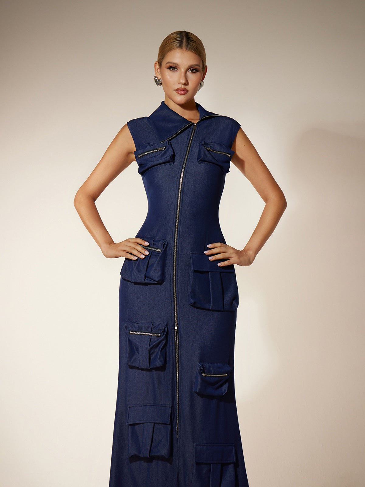 Zipper Utility Pocket Maxi Dress