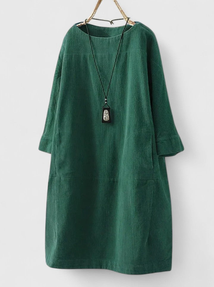 Round Neck Long Sleeve Corduroy Pocket Shift Midi Dress