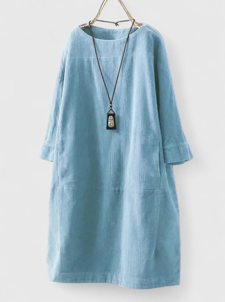 Round Neck Long Sleeve Corduroy Pocket Shift Midi Dress