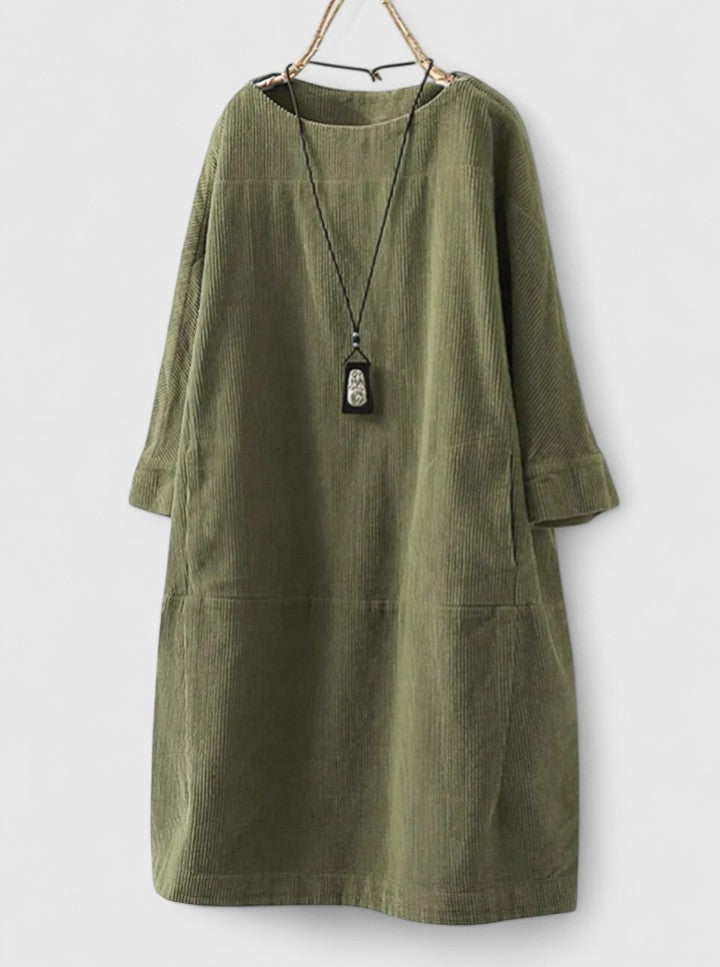 Round Neck Long Sleeve Corduroy Pocket Shift Midi Dress