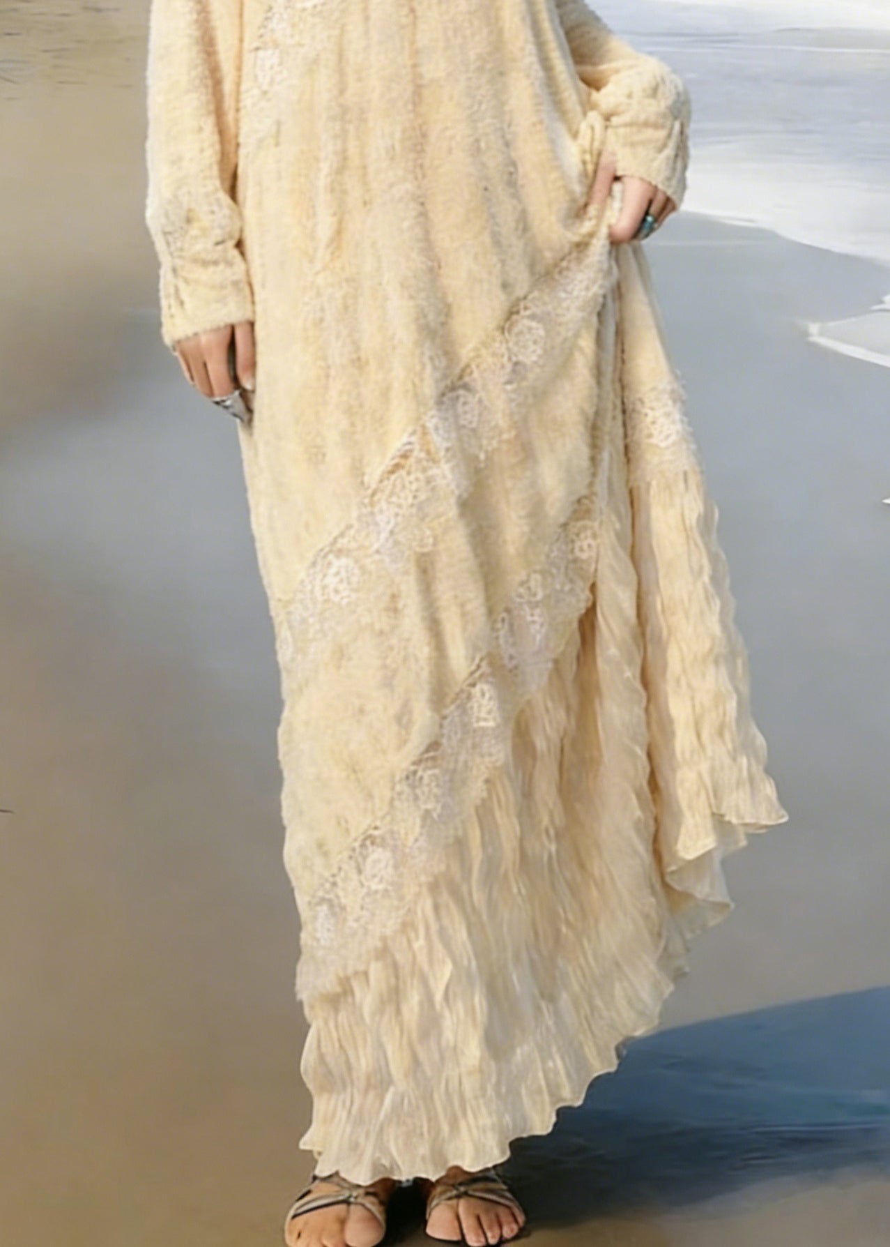 Elegant Apricot Wrinkled Lace Patchwork Knit Long Dress Spring