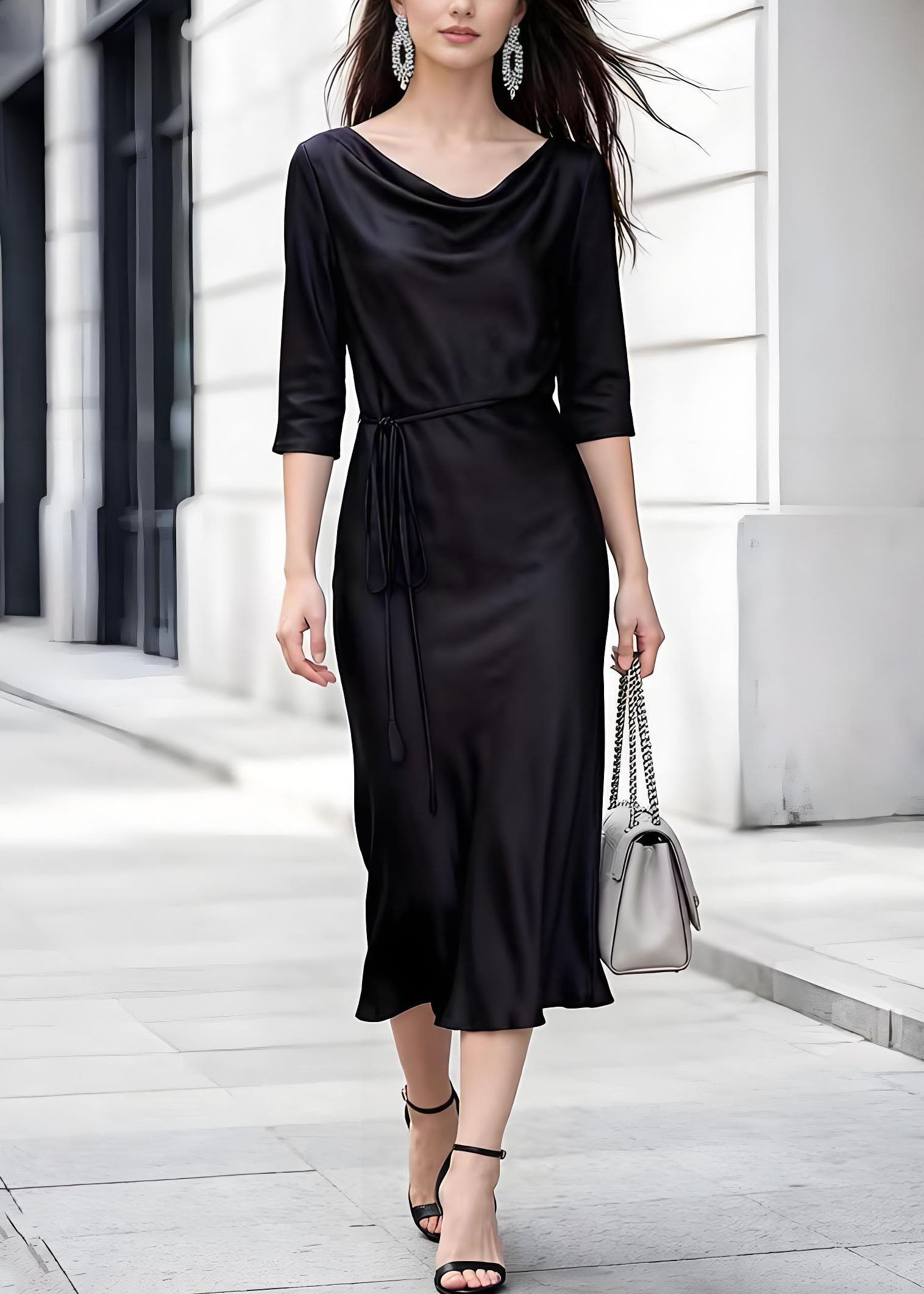 Elegant Black Turtle Neck Lace Up Silk Dress Summer