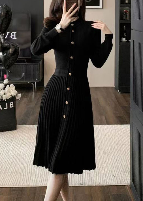 Elegant Blue O Neck Wrinkled Knit Sweaters Dress Winter