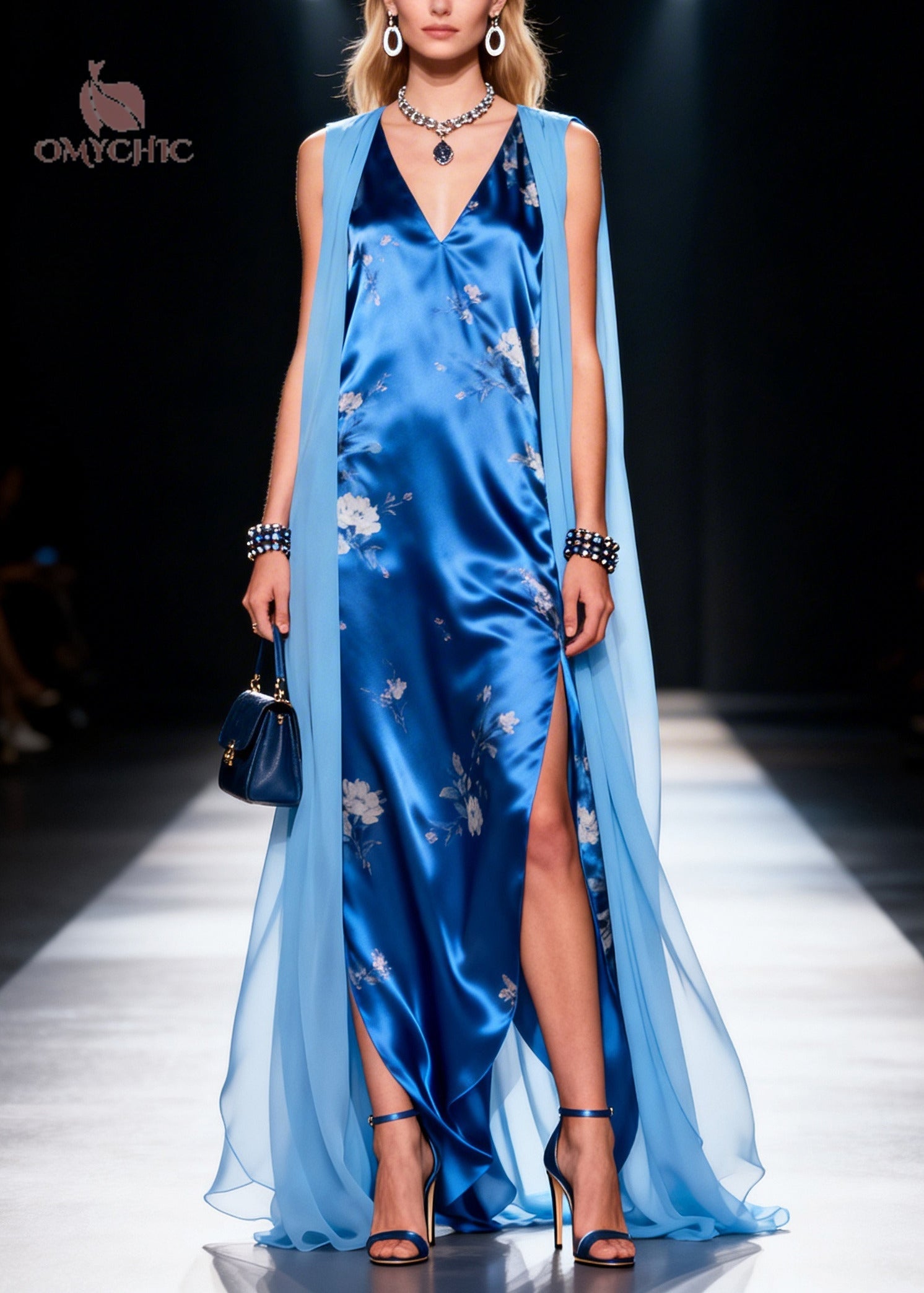 Elegant Blue Patchwork Silk Maxi Dress Side Open Sleeveless