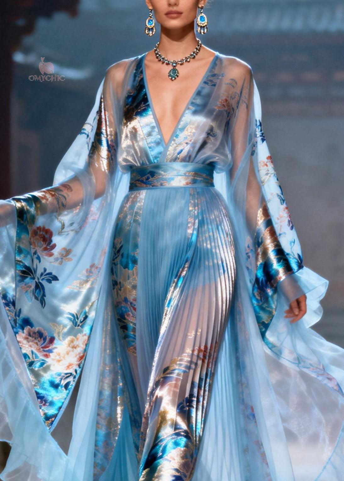 Elegant Blue Ruffled Print Chiffon Maxi Dresses Summer