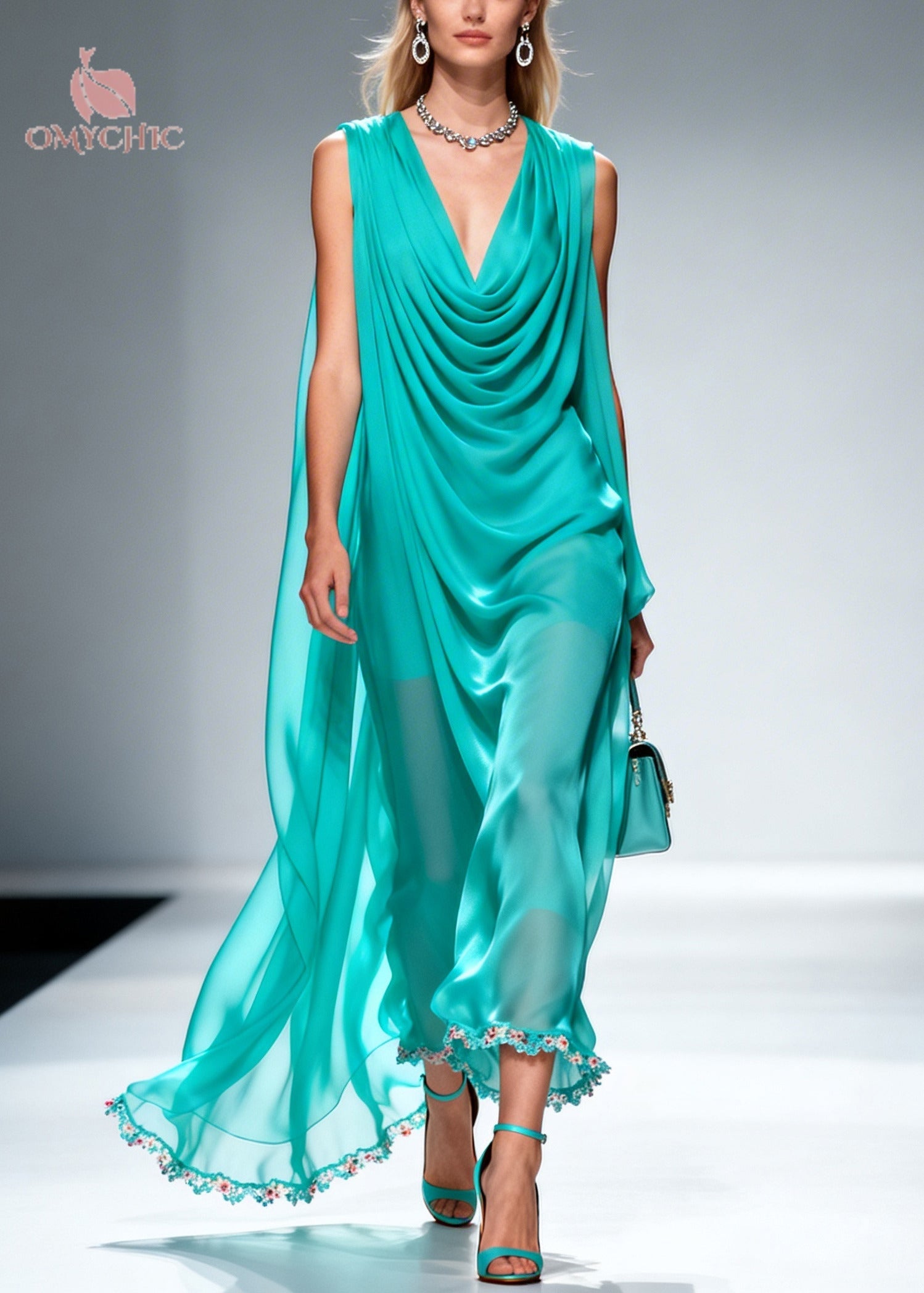 Elegant Blue Wrinkled Draping Chiffon Long Dress Summer