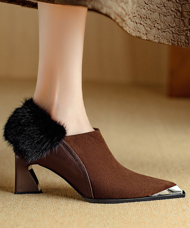 Suede Fuzzy Fur Trim Metal Pointed Toe Chunky Heels