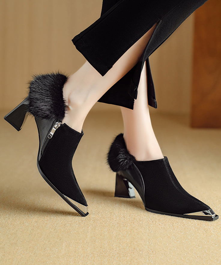 Suede Fuzzy Fur Trim Metal Pointed Toe Chunky Heels