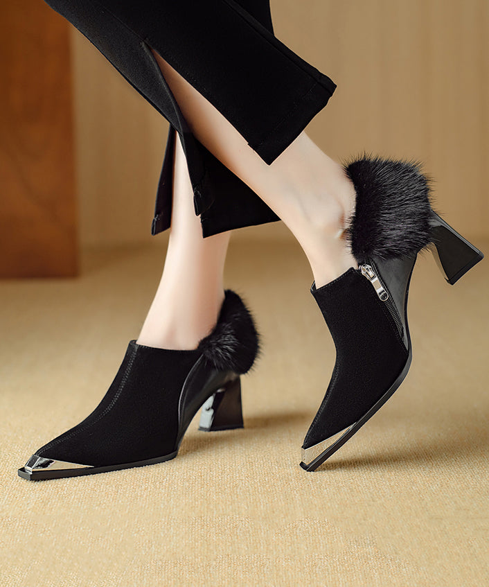 Suede Fuzzy Fur Trim Metal Pointed Toe Chunky Heels