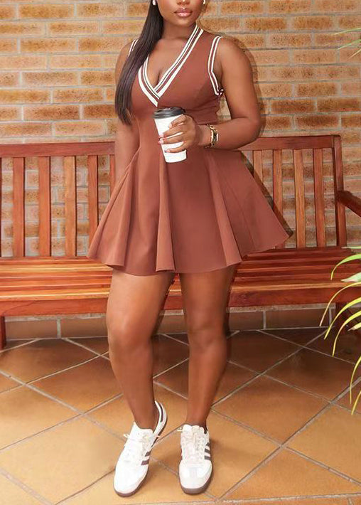 Elegant Brown V Neck Cotton A Line Dresses Summer