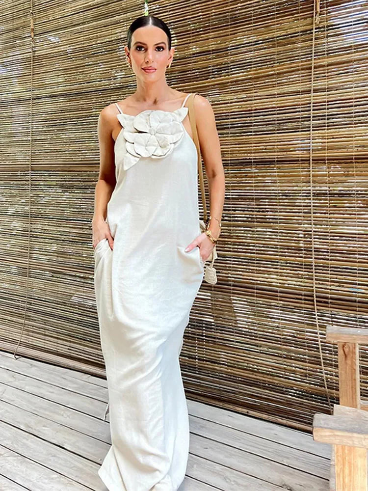 Cotton Linen Split 3D Flower Solid Sling Maxi Dress
