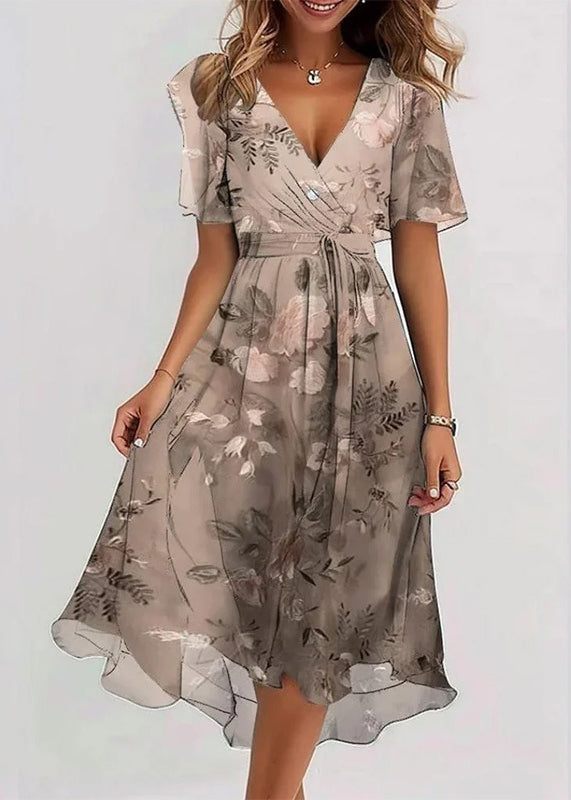 Elegant Green V Neck Print Chiffon Vacation Dresses Summer