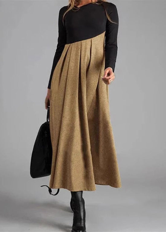 Elegant Grey Wrinkled Patchwork Woolen Long Dress Spring