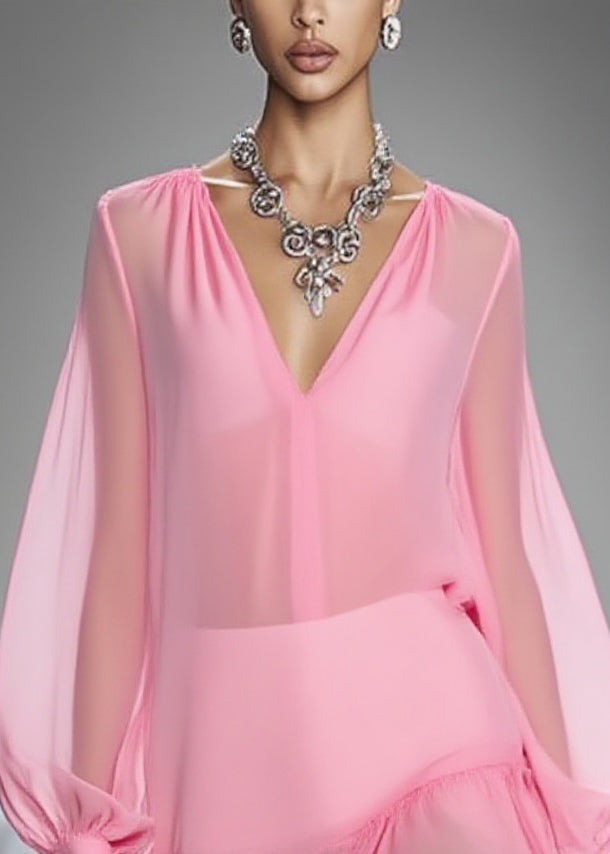 Elegant Pink V Neck Wrinkled Tulle Mid Dress Spring