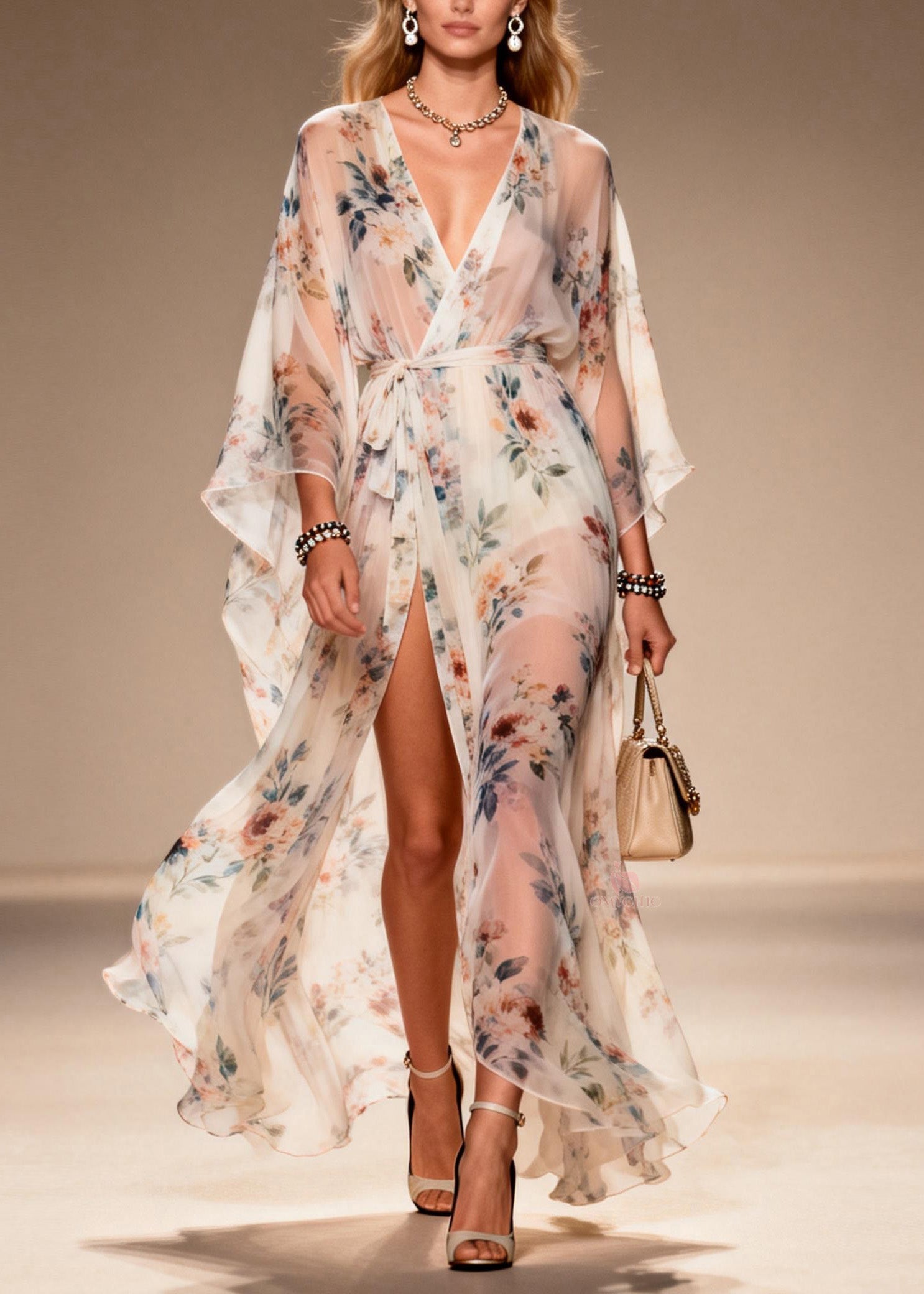 Elegant Print Side Open Lace Up Chiffon Dresses Summer