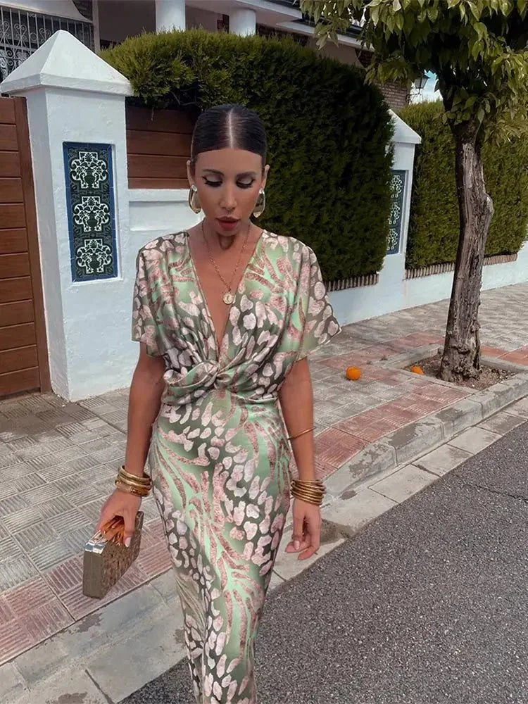 V-Neck Satin Print Short Sleeve Twist Front Bodycon Midi Dress 5