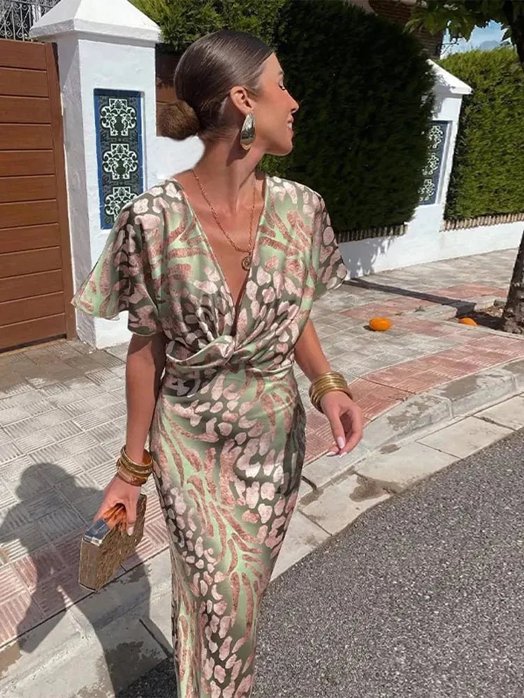 Deep V-Neck Twist Front Satin Animal Print Bodycon Midi Dress