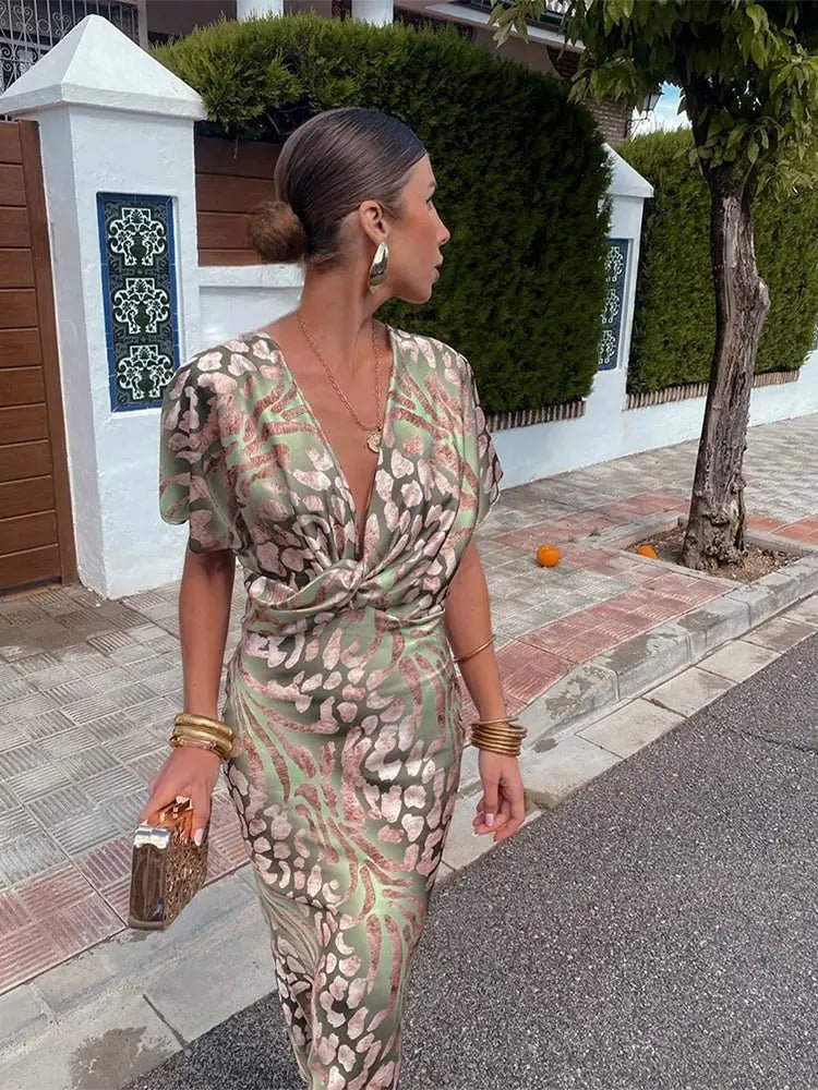 Deep V-Neck Twist Front Satin Animal Print Bodycon Midi Dress
