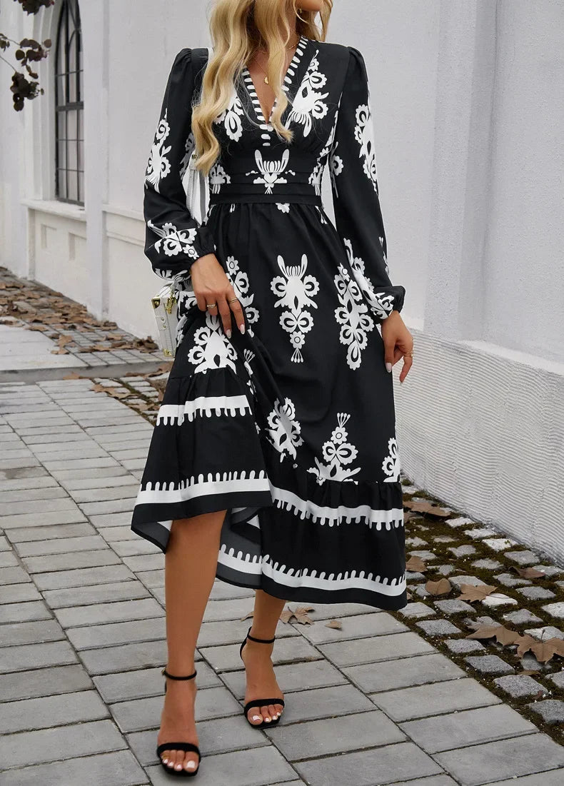 Elegant Printed V-neck A-line Boho Dress