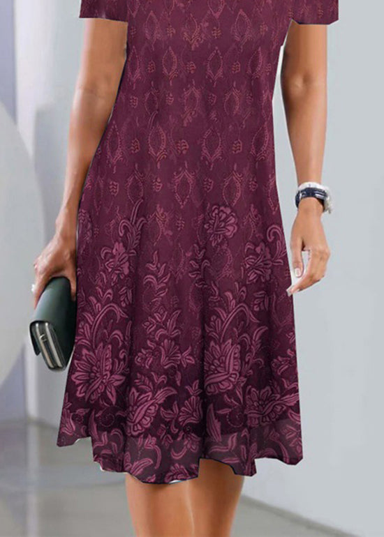 Elegant Purple V Neck Lace Wrinkled Mid Dress Summer