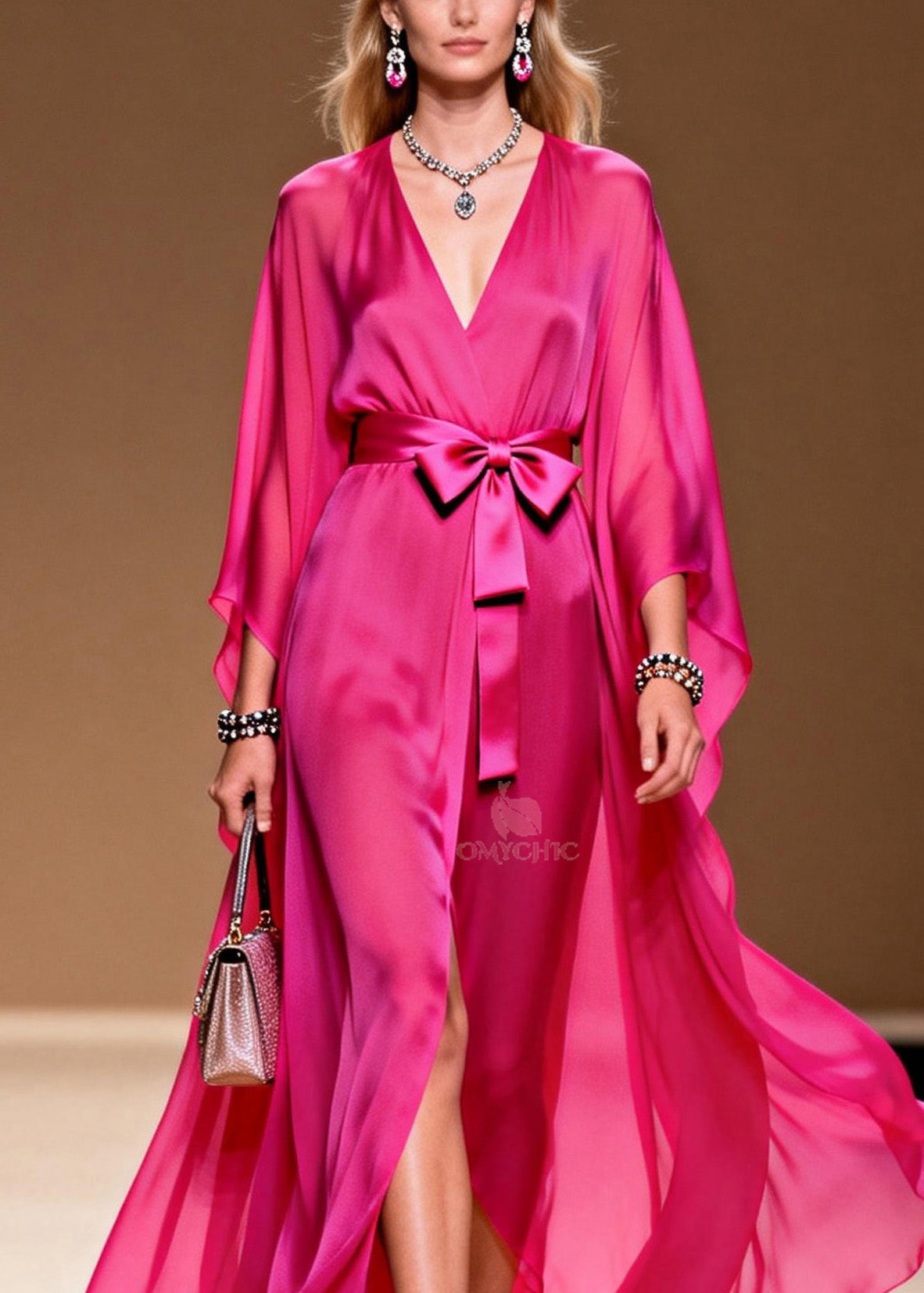 Elegant Rose V Neck Lace Up Chiffon Long Dress Summer