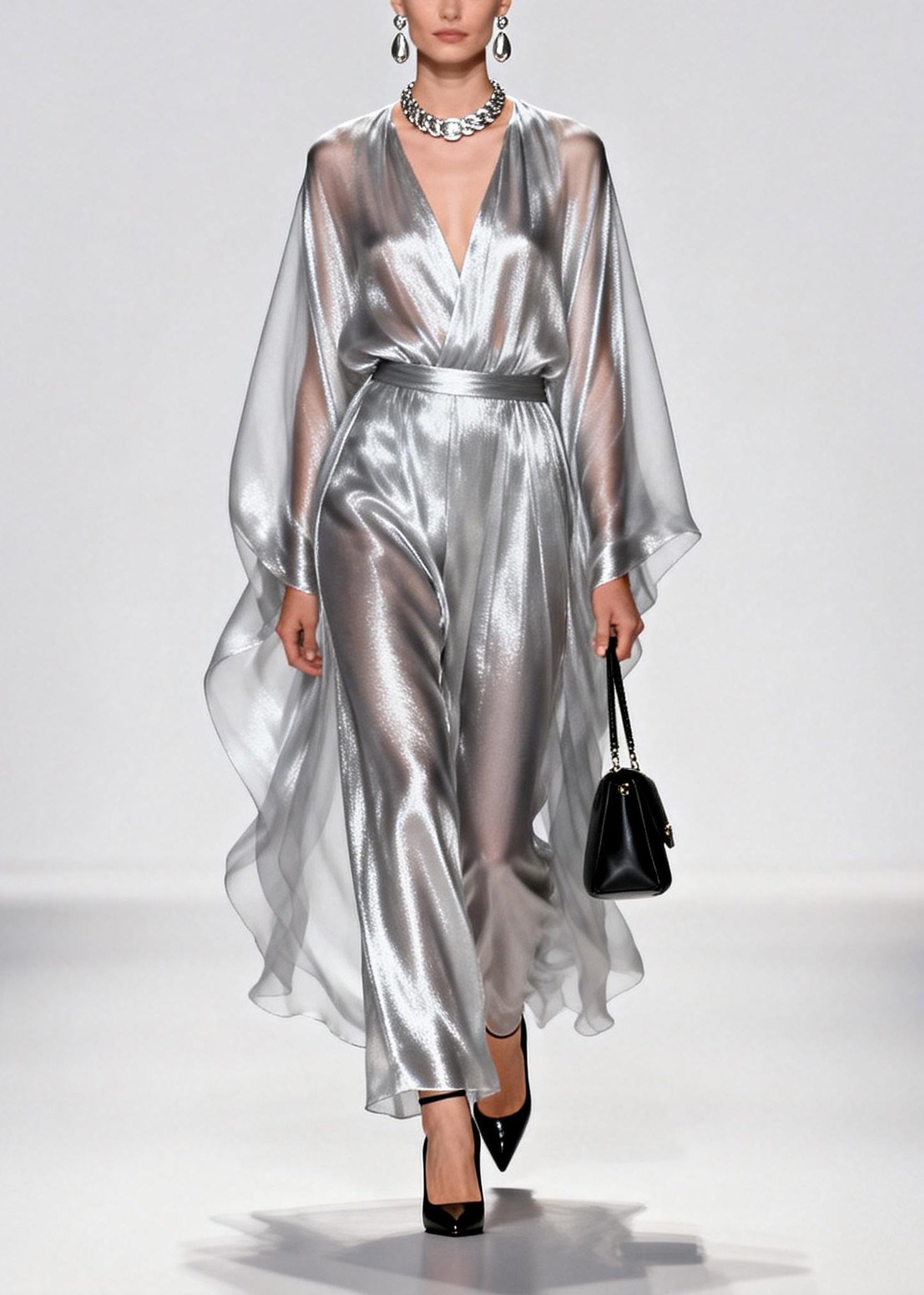 Elegant Silvery Tunic Draping Chiffon Long Dress Summer