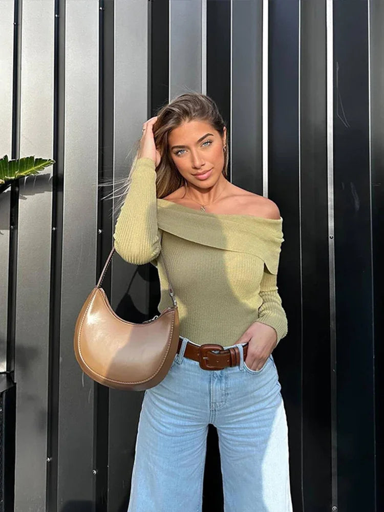 Elegant Slim Green Off-Shoulder Long Sleeve Female Chic Sweater