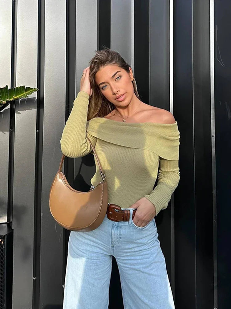 Elegant Slim Green Off-Shoulder Long Sleeve Female Chic Sweater