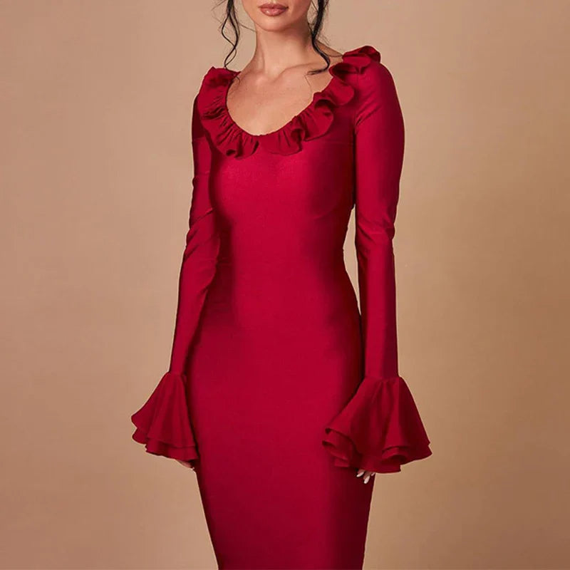Elegant Solid Color O Neck Flare Sleeve Laceup Ruffles Maxi Dress