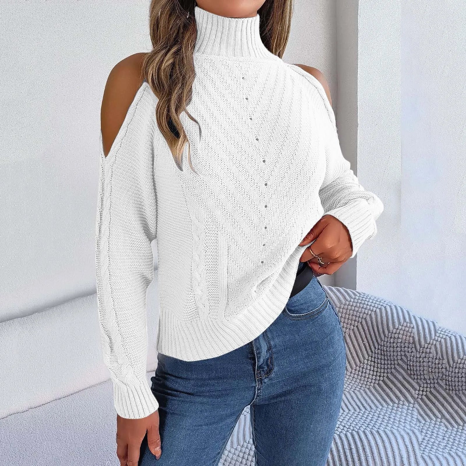 Cold Shoulder Loose Turtleneck Sweater White / S