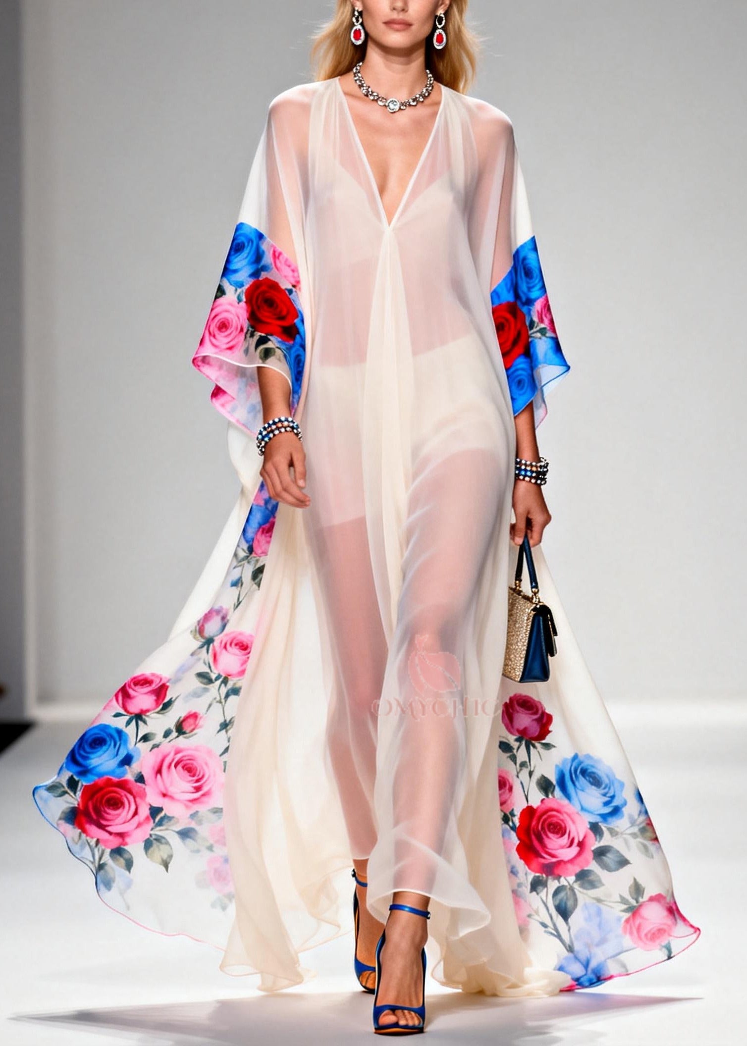 Elegant White Oversized Print Sheer Chiffon Maxi Dresses Summer
