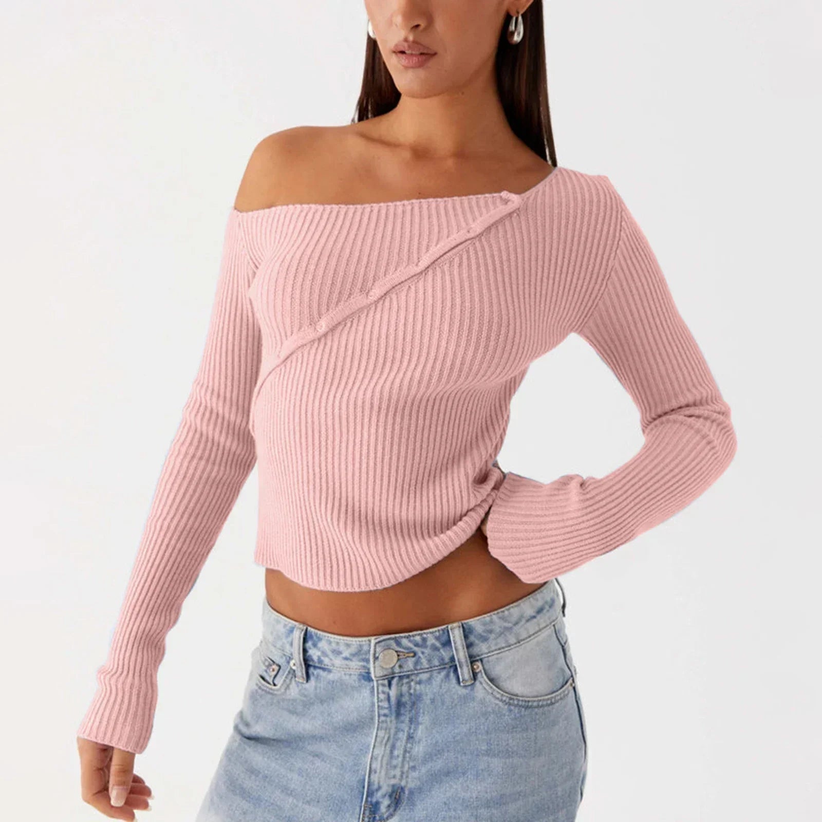 Elegant Off Shoulder Ribbed Solid Crop Slim Fit Knit Top
