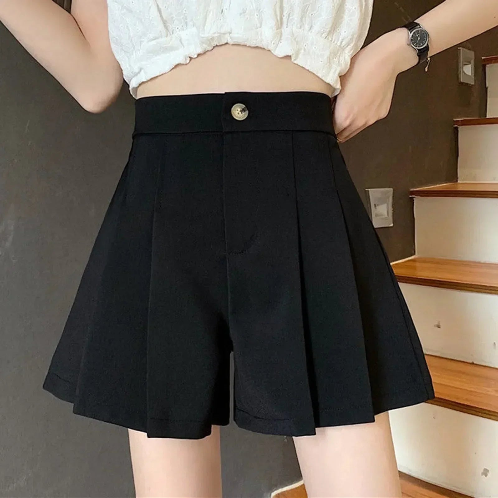 High Waisted Pleated Casual A Lined All-Match Short Black / S