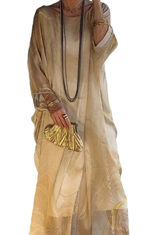 Elegant Yellow O Neck Print Chiffon Long Dress Summer