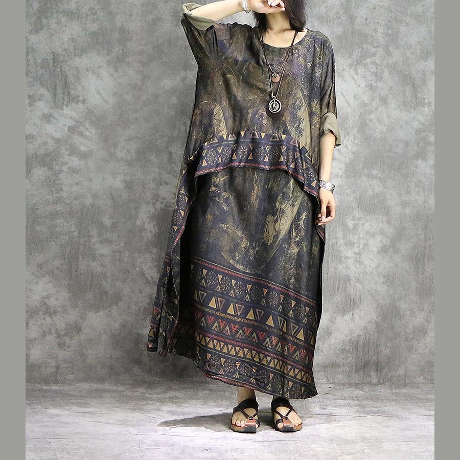 Elegant patchwork Chiffon clothes Mom Neckline khaki Traveling Dresses summer