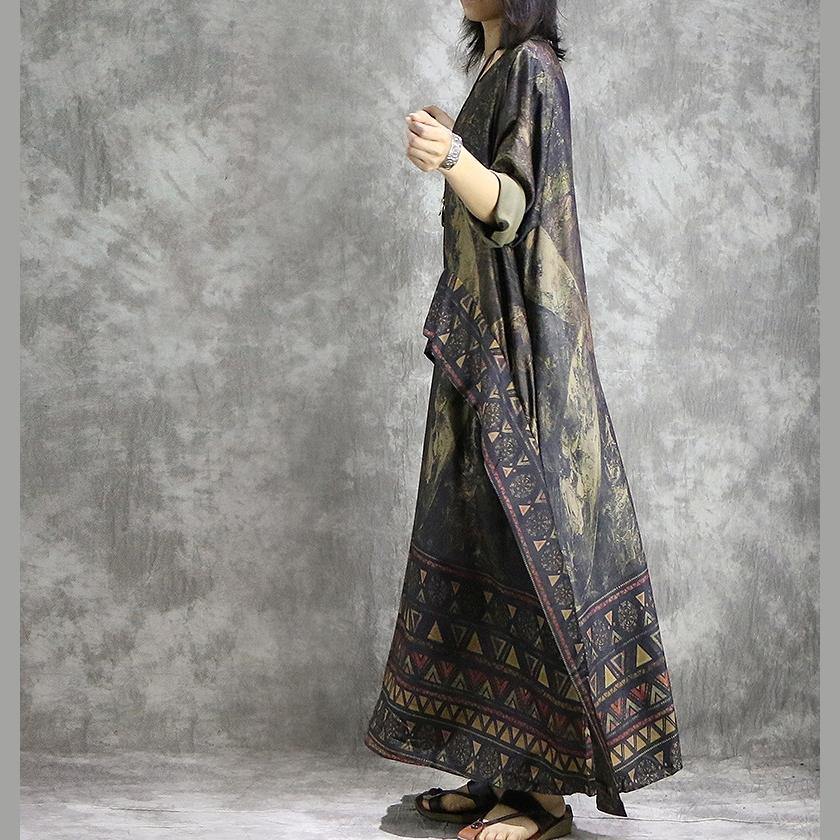 Elegant patchwork Chiffon clothes Mom Neckline khaki Traveling Dresses summer