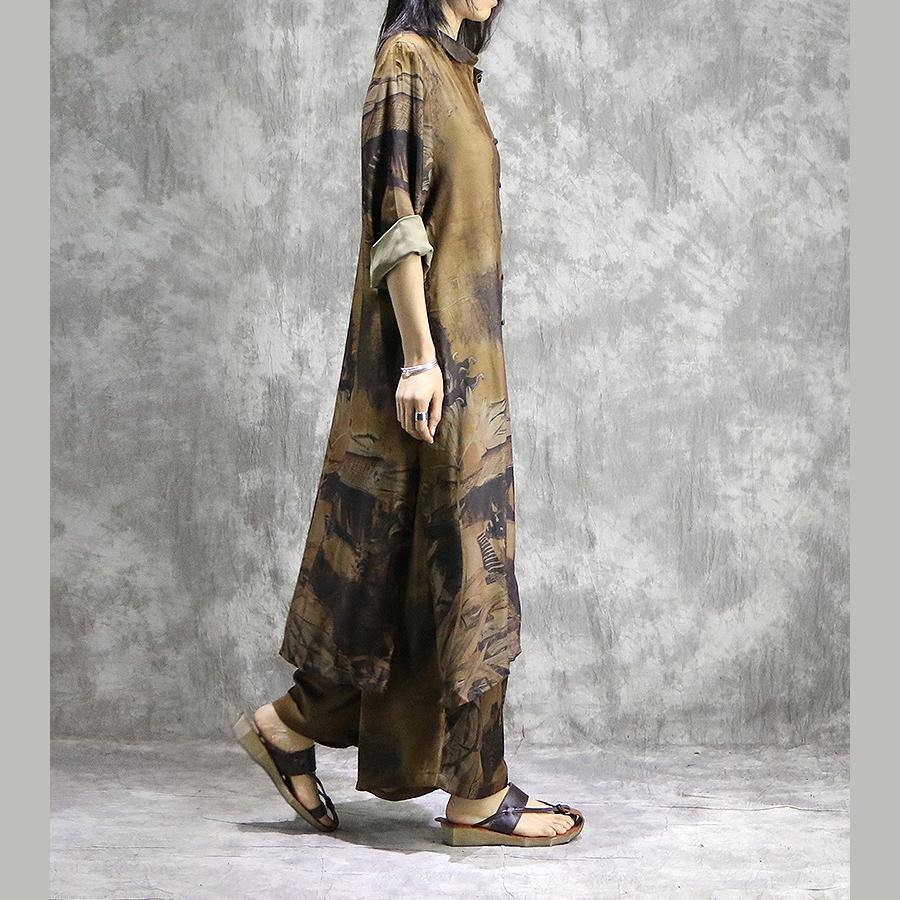 Elegant wide leg pant silk Tunics yellow two pieces Plus Size  Dress summer prints