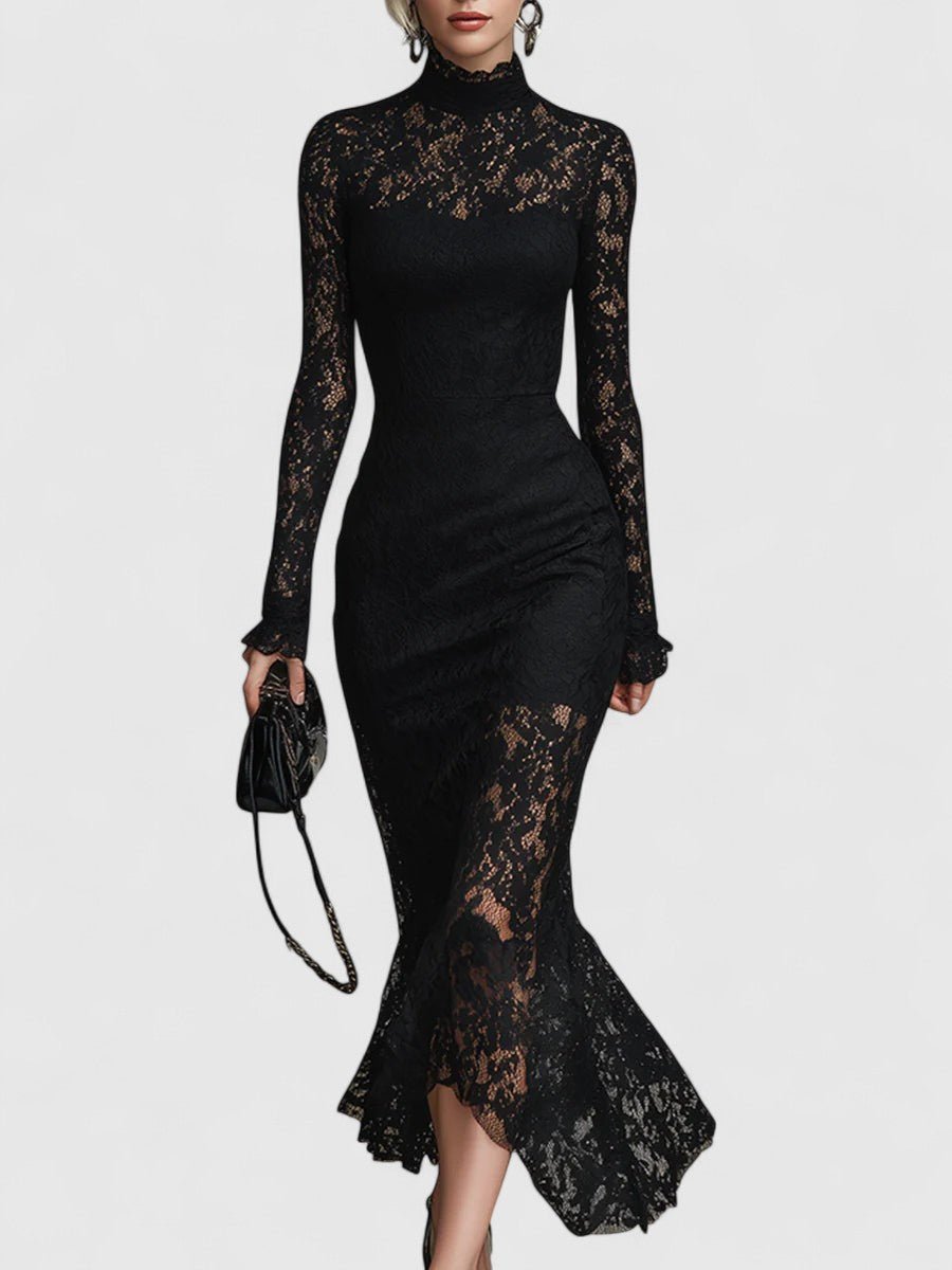Black High Neck Lace Long Sleeve Sheer Fishtail Bodycon Maxi Dress