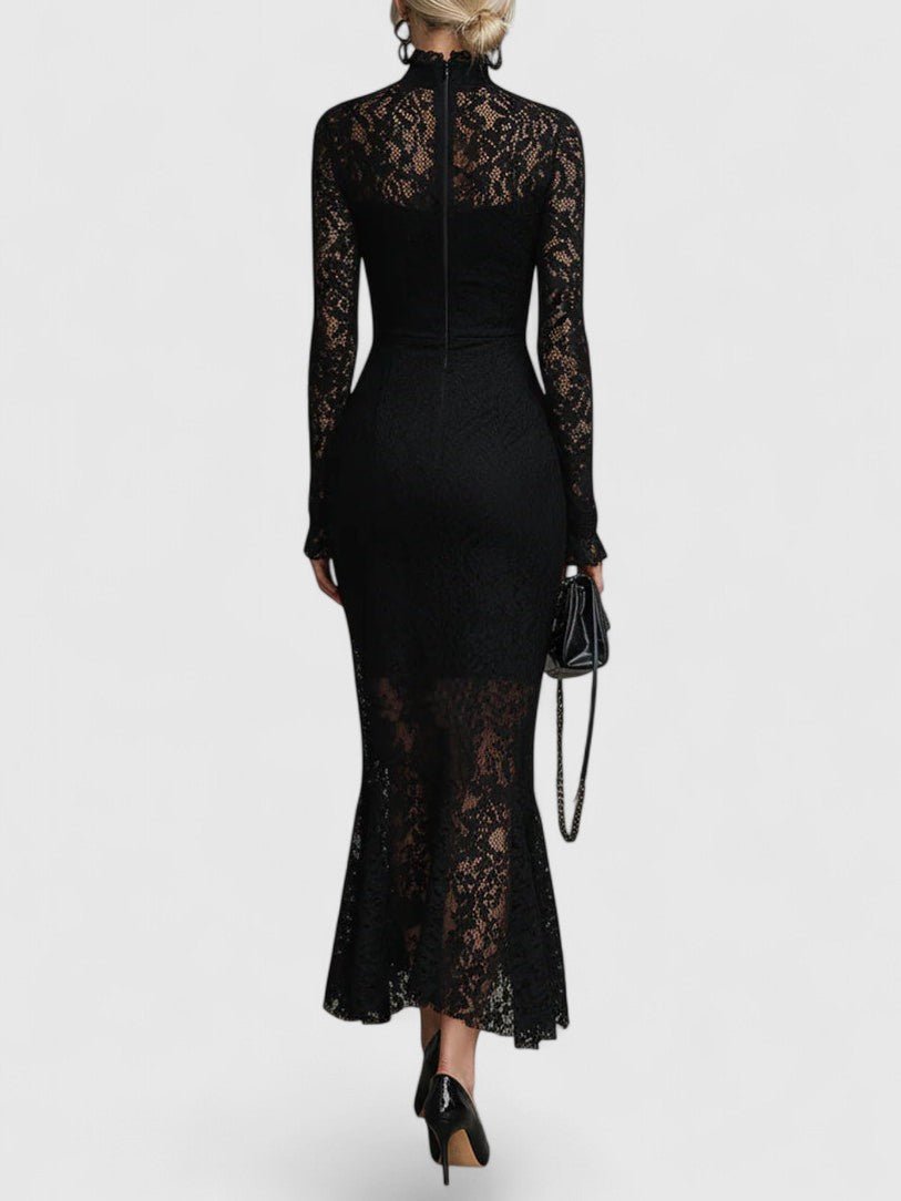 Black High Neck Lace Long Sleeve Sheer Fishtail Bodycon Maxi Dress