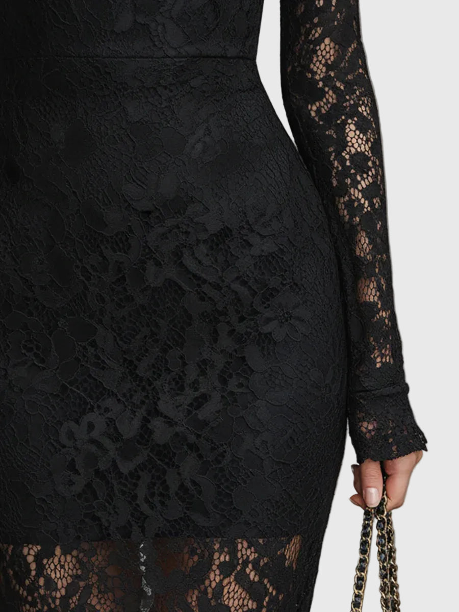 Black Mock Neck Long Sleeve Sheer Lace Fishtail Mermaid Midi Dress